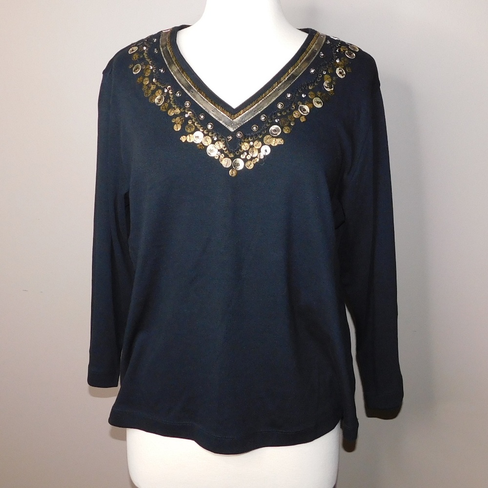 Chico 3/4 Sleeve Black V-neck Embellished Top
